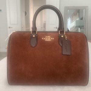 Coach Large Rowan Brown Suede Satchel with Dark Brown Leather Trim